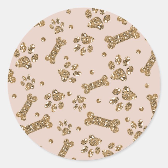 Gold Glitzer Beige Blush Pet Knochen Welpen Hund Runder Aufkleber (Vorderseite)
