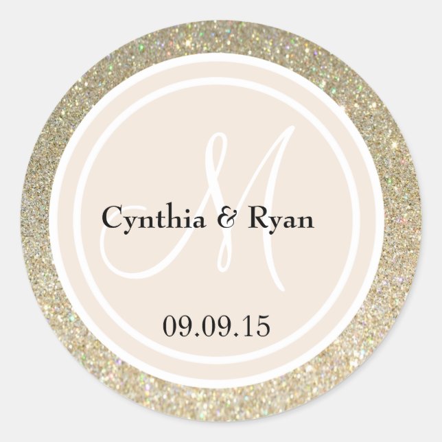 Gold Glitzer & Beige Wedding Monogram Runder Aufkleber (Vorderseite)