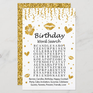 Gold Glitzer Birthday Word Search Game