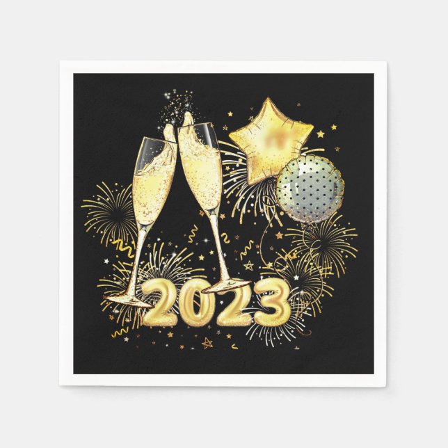 Gold Glitzer Black 2023 Silvester Party Serviette (Vorderseite)