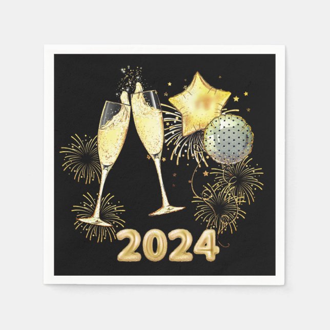 Gold Glitzer Black 2024 Silvester Party Serviette (Vorderseite)