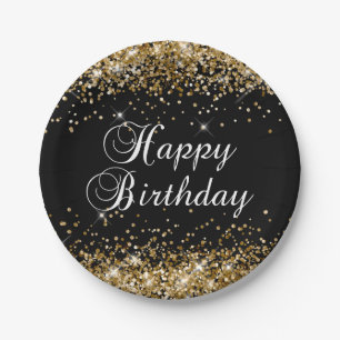 Gold Glitzer Black Happy Birthday Pappteller