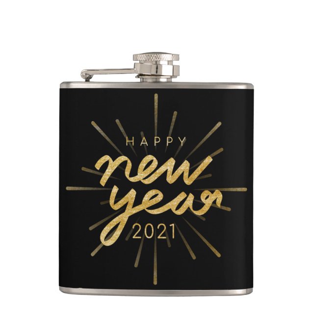 Gold Glitzer Black Happy New Year 2021 Flask Flachmann (Vorderseite)