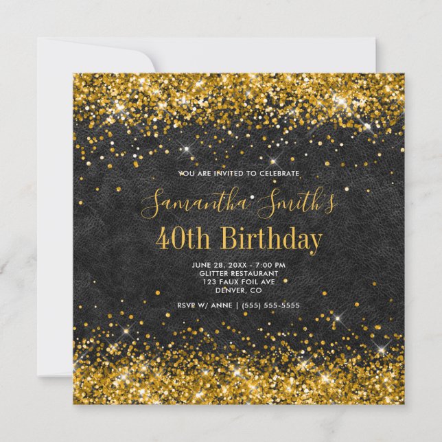 Gold Glitzer Black Leather 40. Geburtstag Einladung (Vorderseite)