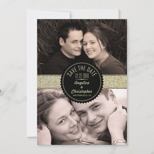 Gold Glitzer & Black Modern Foto Save the Date (Vorderseite)