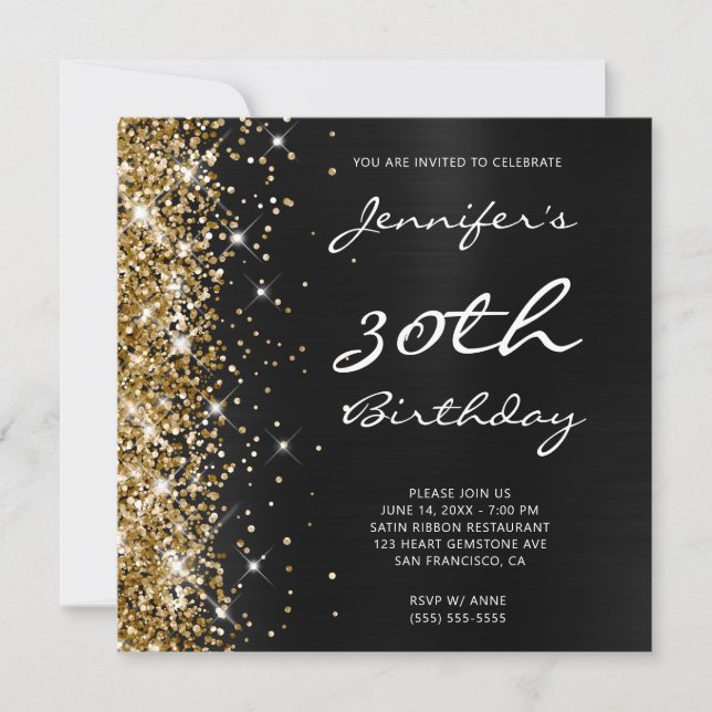 Gold Glitzer Black Ombre Foil 30. Geburtstag Einladung (Vorderseite)