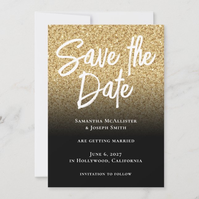 Gold Glitzer Black Ombre Save The Date (Vorderseite)