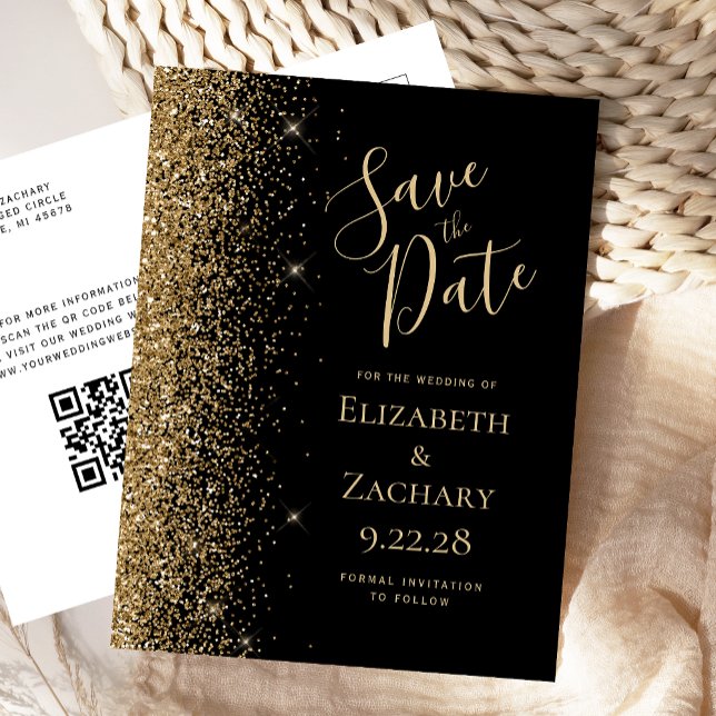 Gold Glitzer Black QR-Code Save the Date Ankündigungspostkarte (Von Creator hochgeladen)