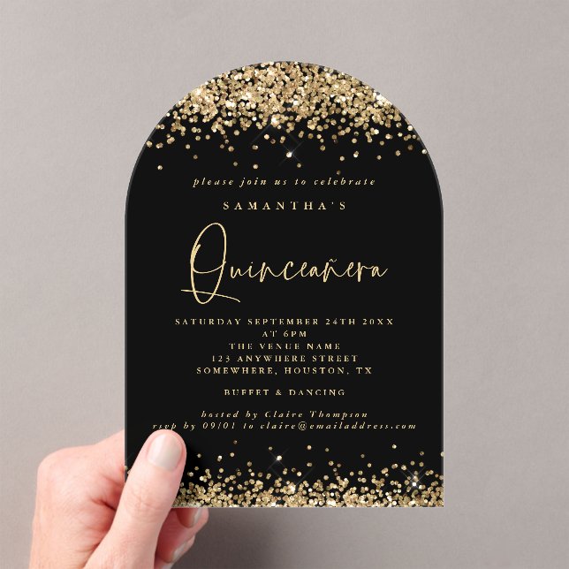 Gold Glitzer Black Quinceanera Geburtstagsparty Acryleinladungen (Insitu (Handheld))