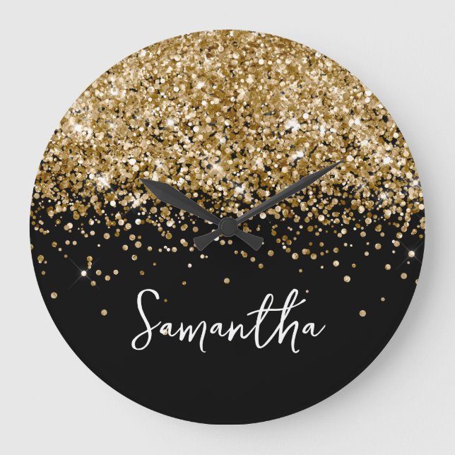 Gold Glitzer Black Script Name Große Wanduhr (Vorderseite)