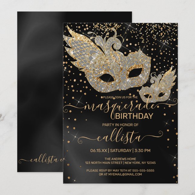 Gold Glitzer Black Silk Masquerade Birthday Invita Einladung (Vorne/Hinten)