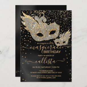 Gold Glitzer Black Silk Masquerade Birthday Invita Einladung