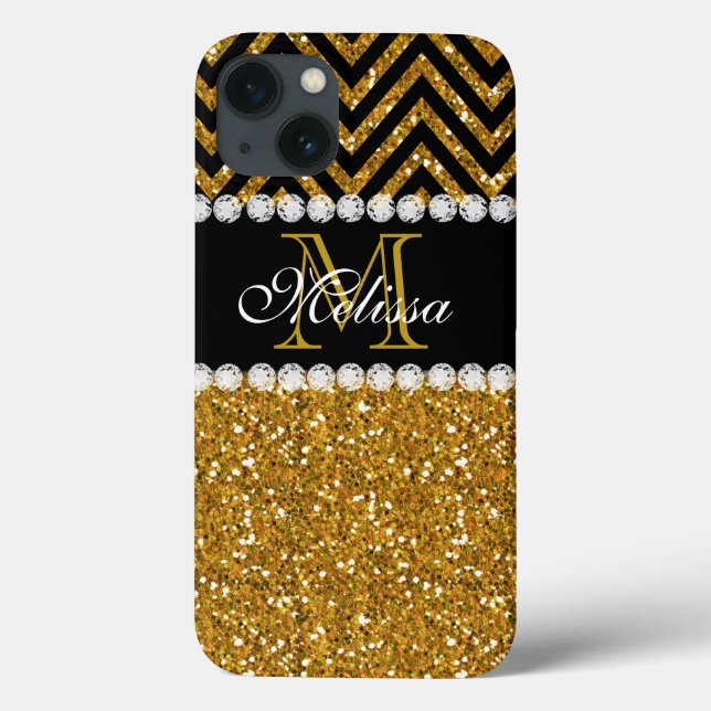 Gold Glitzer Black Zickzack Mit Monogramm Case-Mate iPhone Hülle (Rückseite)