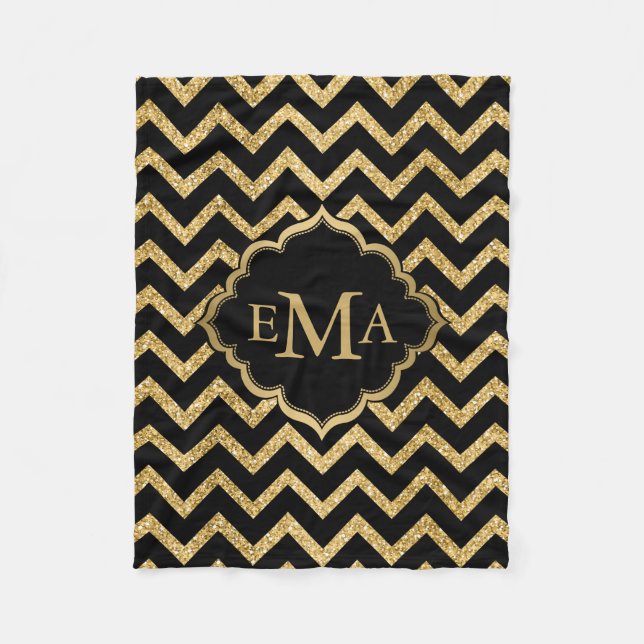 Gold Glitzer Black Zickzack Zigzag Muster Monogram Fleecedecke (Vorderseite)