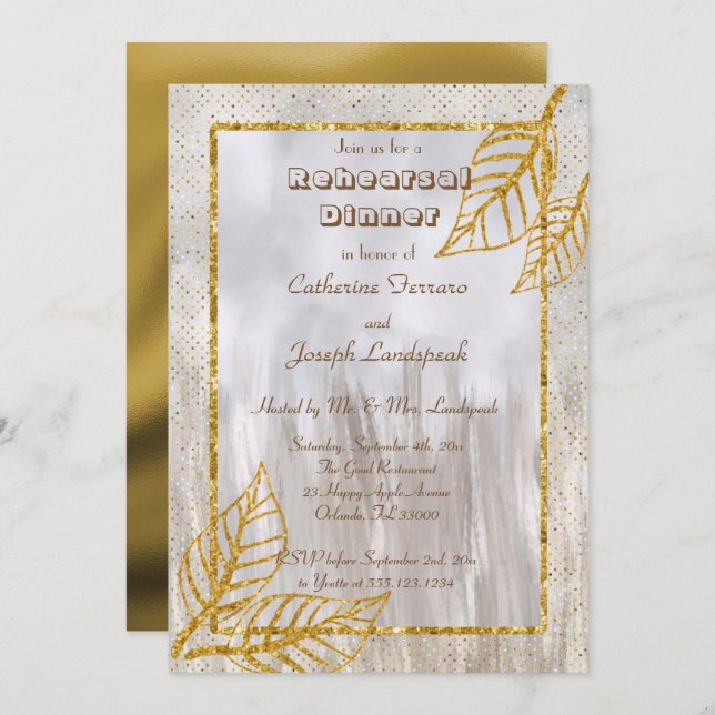 Gold & Glitzer Blätter Probe Dinner Einladung (Vorne/Hinten)