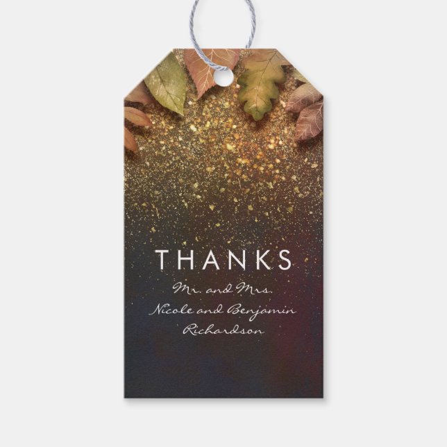 Gold Glitzer Blätter Vintage Hochzeit im Herbst Geschenkanhänger (Vorderseite)