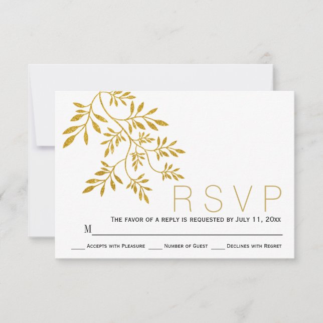 Gold Glitzer Blätter Zweig moderne Hochzeit RSVP (Vorderseite)