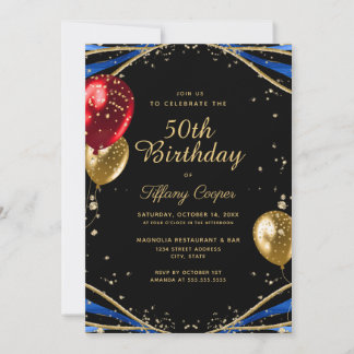 Gold Glitzer Blue Agate Frauen 50. Geburtstag Einladung