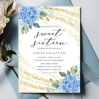 Gold Glitzer Blue Floral 16 . Geburtstag 16 Geburt Einladung