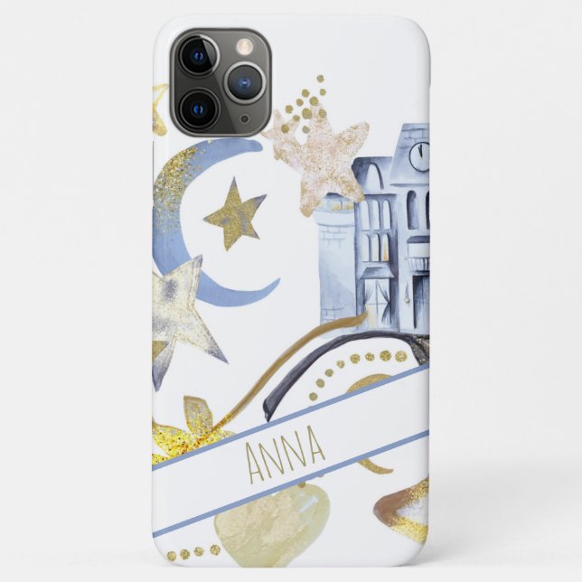 *~* Gold Glitzer Blue Moon Stars Burg Case-Mate iPhone Hülle (Rückseite)