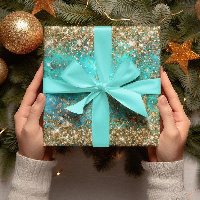 Gold Glitzer Blue Turquoise Gemstone Fire Glam Geschenkpapier Set (Gold Glitter Blue Turquoise Gemstone Fire Glam Wrapping Paper Sheets)