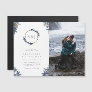 Gold Glitzer & Blue Wreath Monogram Wedding Foto Magneteinladung