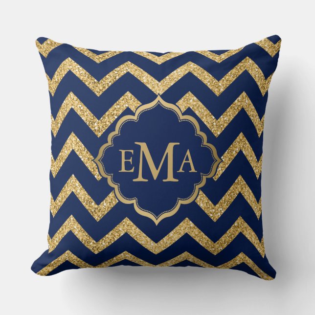 Gold Glitzer Blue Zickzack Zigzag Muster Monogram Kissen (Vorderseite)