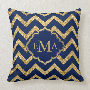 Gold Glitzer Blue Zickzack Zigzag Muster Monogram Kissen