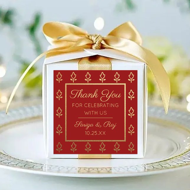 Gold Glitzer Blume Hochzeit Rückgabegarantie Gefal Quadratischer Aufkleber (indian wedding favor return gift label stickers, hindu wedding favor, mehndi sangeet favor packaging)