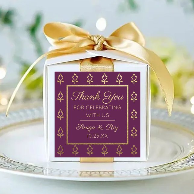 Gold Glitzer Blume Hochzeit Rückgabegarantie Gefal Quadratischer Aufkleber (indian wedding favor return gift label stickers, hindu wedding favor, mehndi sangeet favor packaging)