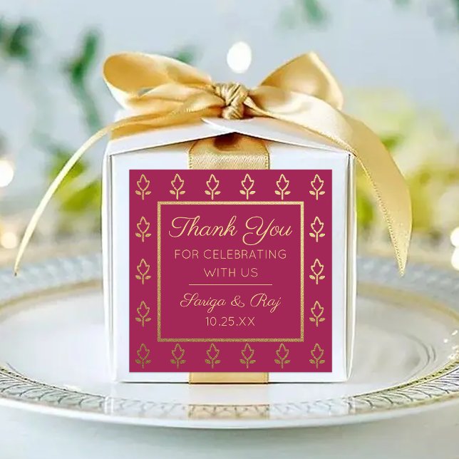 Gold Glitzer Blume Hochzeit Rückgabegarantie Gefal Quadratischer Aufkleber (indian wedding favor return gift label stickers, hindu wedding favor, mehndi sangeet favor packaging)