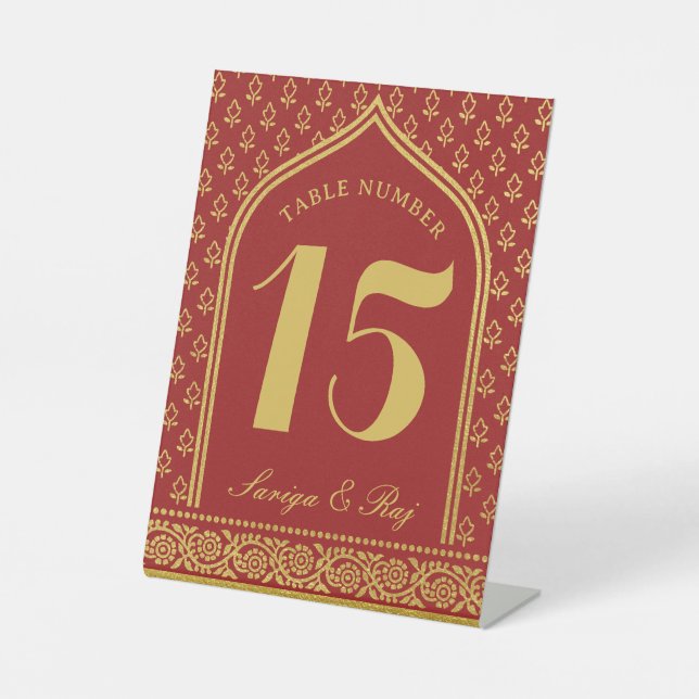 Gold Glitzer Blume Hochzeit Tischnummer und Name Sockelschild (Vorderseite)