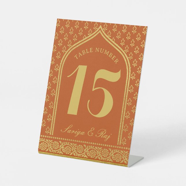 Gold Glitzer Blume Hochzeit Tischnummer und Name Sockelschild (Vorderseite)