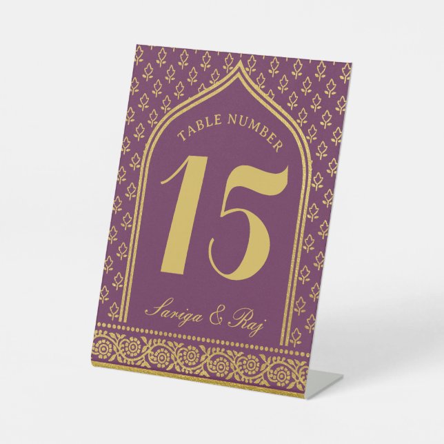 Gold Glitzer Blume Hochzeit Tischnummer und Name Sockelschild (Vorderseite)