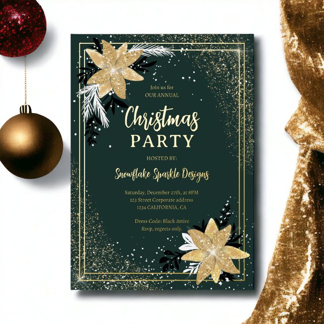 Gold Glitzer Blumengrün Weihnachten Folien Feiertagskarte (Gold glitter floral green Corporate Christmas Foil Holiday Card)