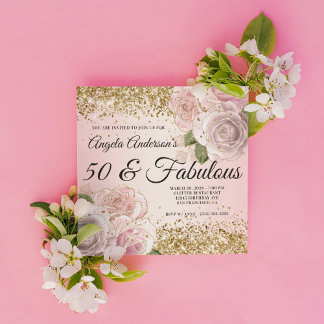 Gold Glitzer Blush Pink Bläschen 50 & Fantastisch Einladung