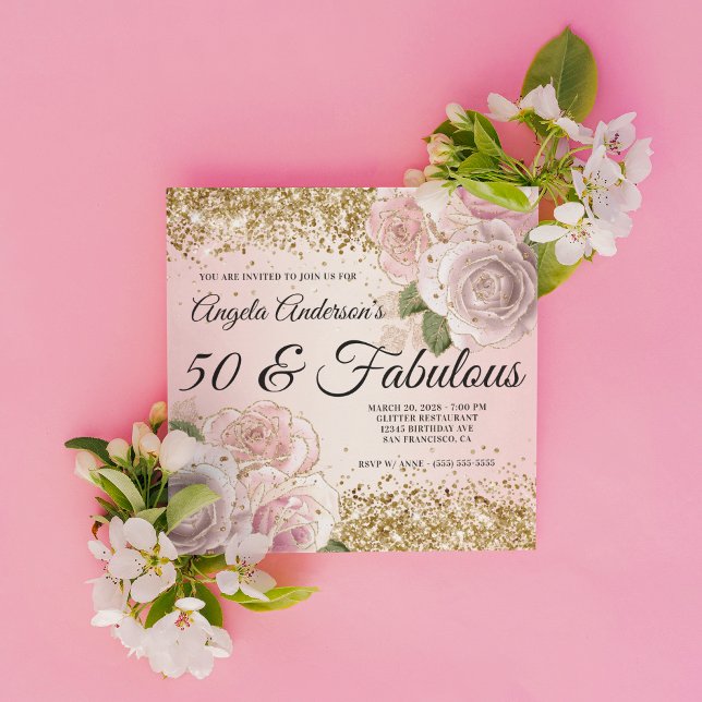 Gold Glitzer Blush Pink Bläschen 50 & Fantastisch Einladung (Create your own milestone birthday invitation for her.)