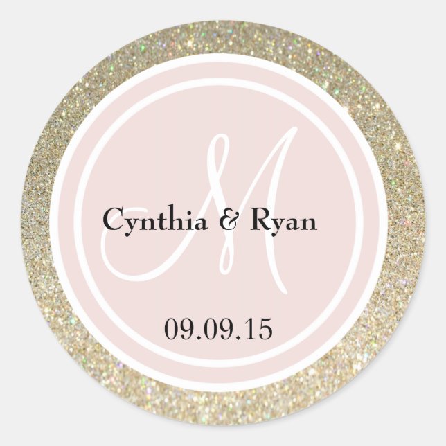 Gold Glitzer & Blush Pink Wedding Monogram Runder Aufkleber (Vorderseite)