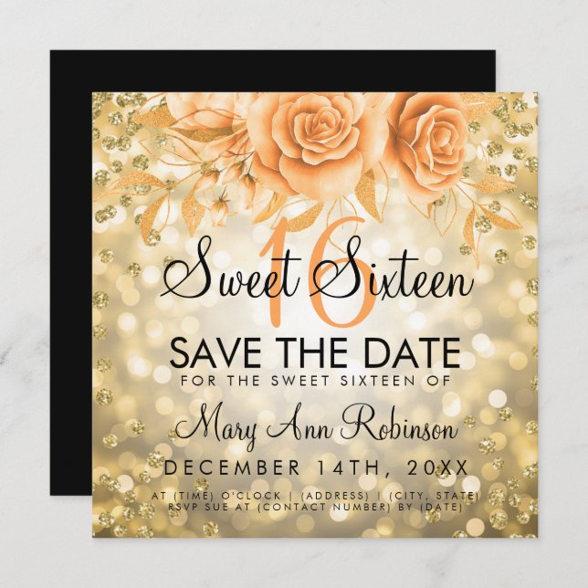 Gold Glitzer Blütensüß 16 Save the Date Einladung (Vorne/Hinten)