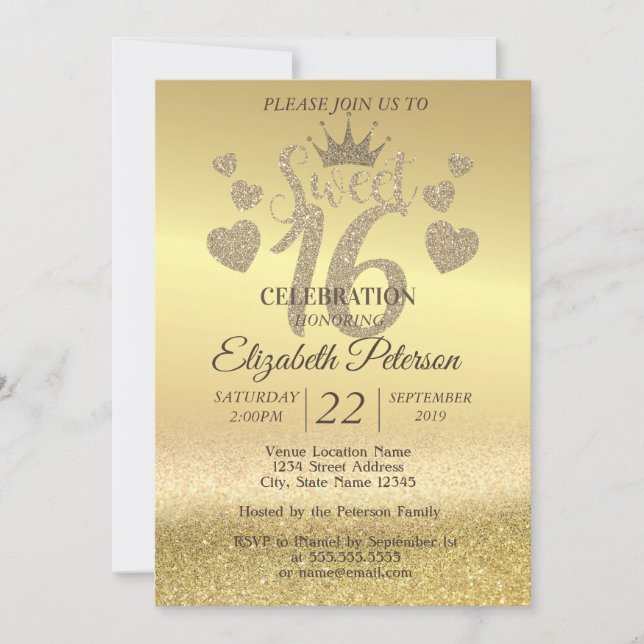 Gold Glitzer Bokeh Ombre, Tiara, Sweet 16 Party Einladung (Vorderseite)