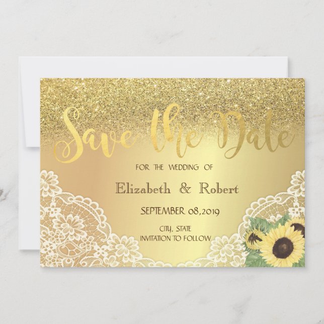 Gold Glitzer Bokeh, Spitze, Sonnenblume Save the D Save The Date (Vorderseite)