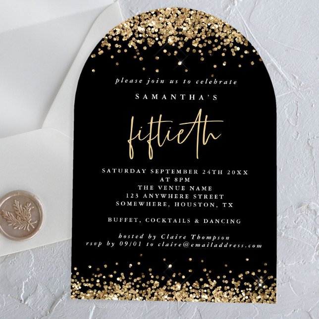 Gold Glitzer Borders Black 50 Birthday Party Acryleinladungen (Von Creator hochgeladen)