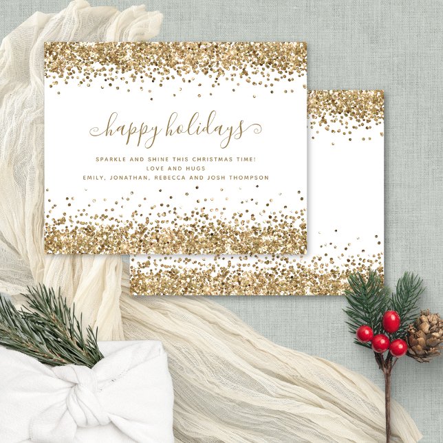 Gold Glitzer Borders Happy Holidays Card (Front and back view)