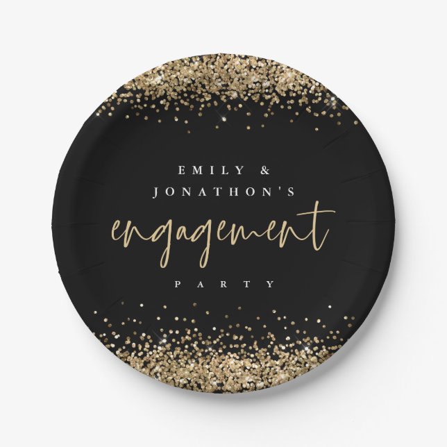 Gold Glitzer Borders Names Engagement Party Black Pappteller (Vorderseite)