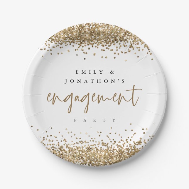 Gold Glitzer Borders Names Engagement Party Pappteller (Vorderseite)
