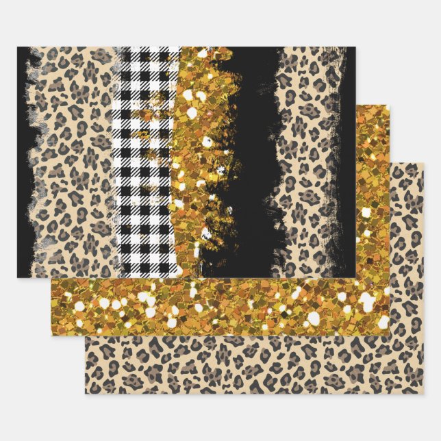 Gold Glitzer Buffalo Kariert Leopard Geschenkpapier Set (Set)