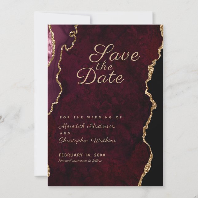Gold Glitzer Burgundy Agate Save the Date (Vorderseite)