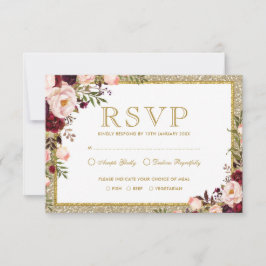 Gold Glitzer Burgundy Blush Floral Wedding RSVP Karte
