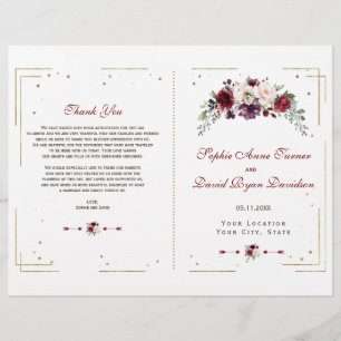 Gold Glitzer Burgundy Floral Wedding Program