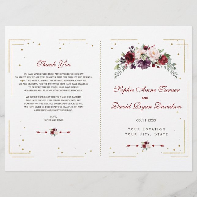 Gold Glitzer Burgundy Floral Wedding Program (Vorderseite)